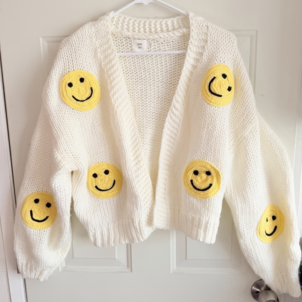 Luna Ivy Smiley Face Chunky Knit Open Front Cardigan Sweater Small Ivory‎
